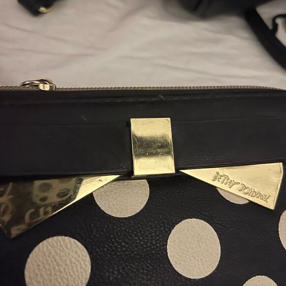Vintage betsey johnson polka dot gold bow b & w zip around accordion wallet - Picture 6 of 8